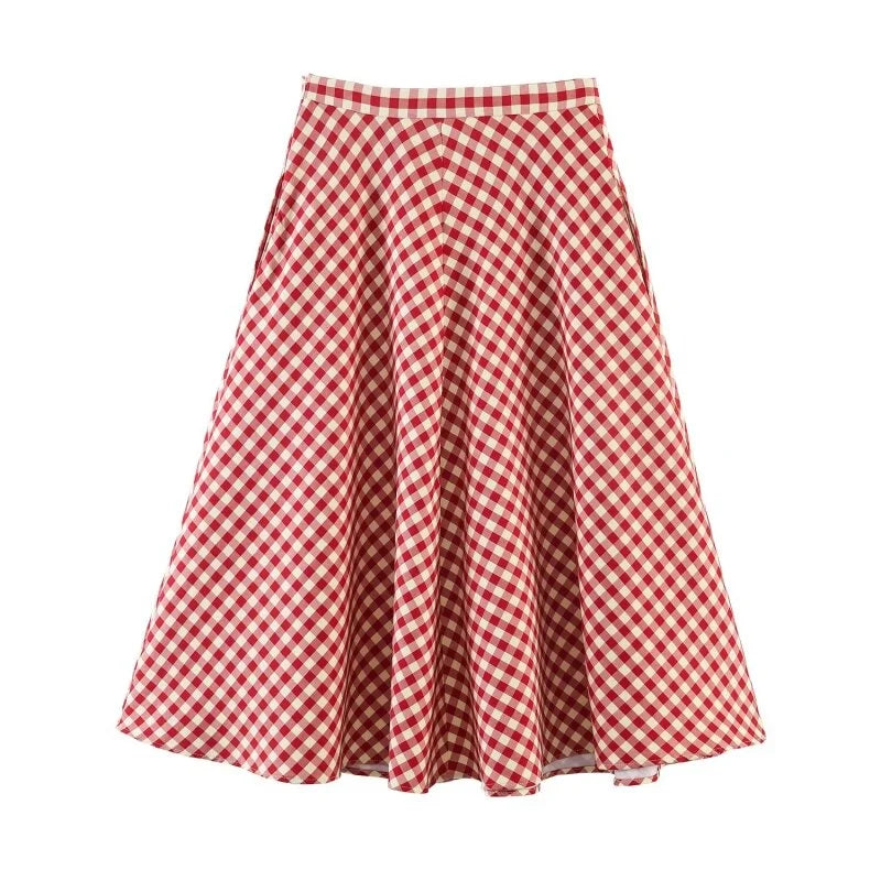 2026 Women's Red Gingham A-Line Midi Skirt – High Waist, Flared Hem, Spring Casual Skirt for Picnic & Outdoor Outings